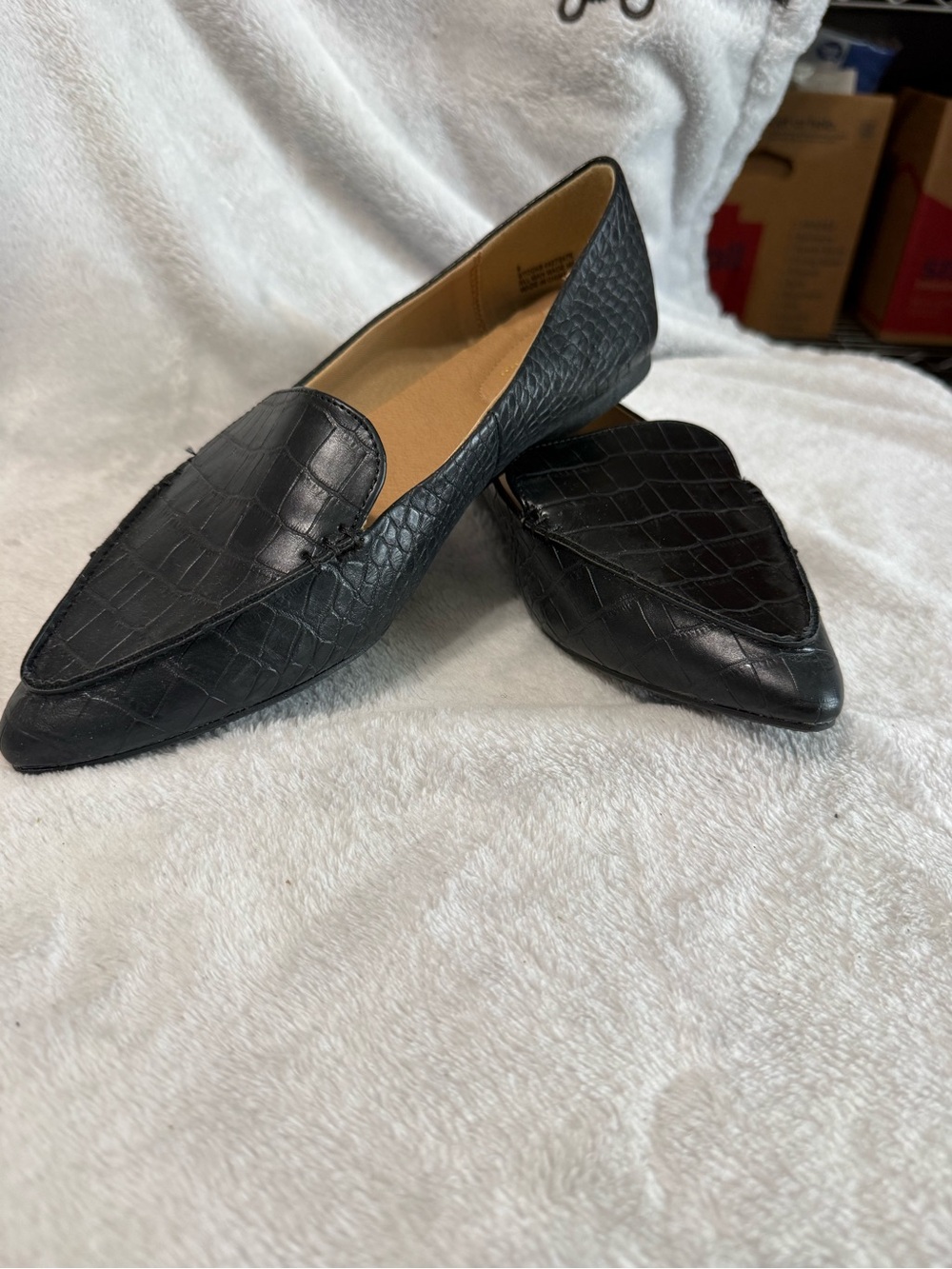 Black Croc-Embossed Pointed Slip-On Flats